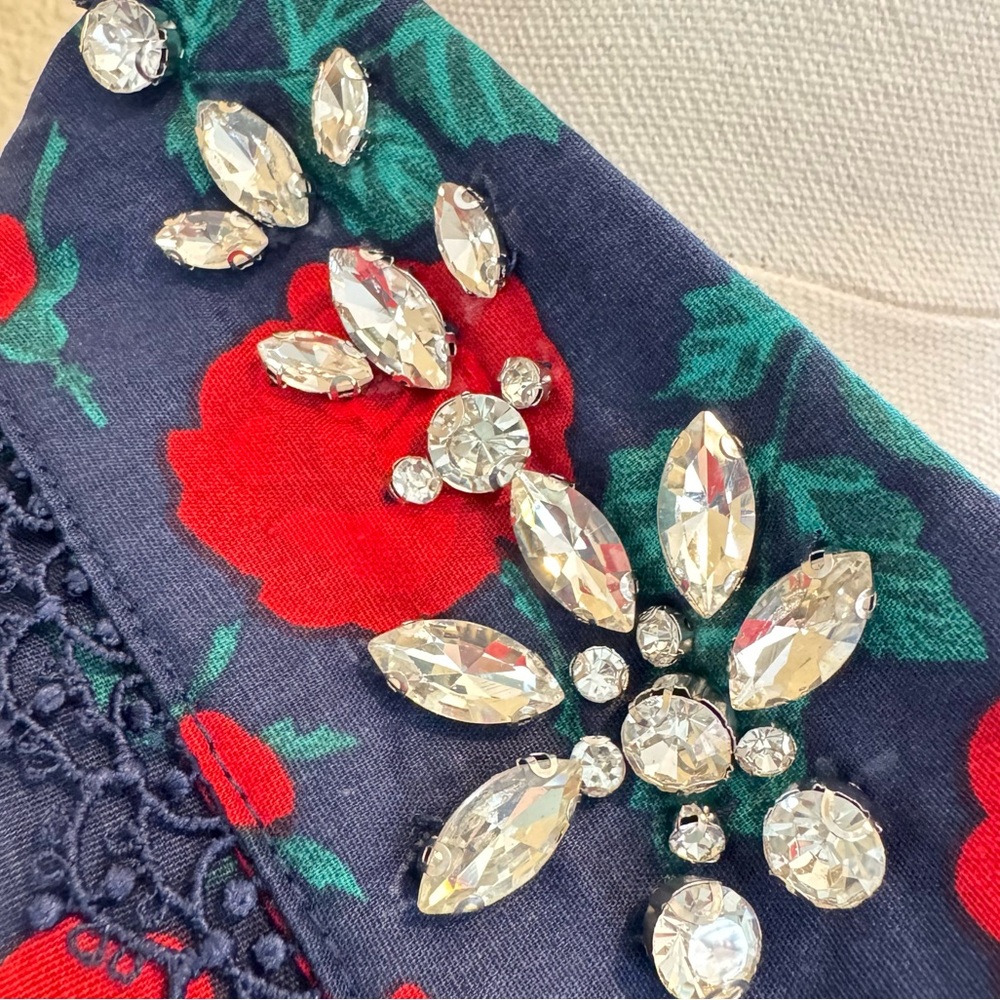 NWT Trish Scully Constance Maxi Dress Navy Rose Floral 12 Rhinestone Long Sleeve - Picture 7 of 17